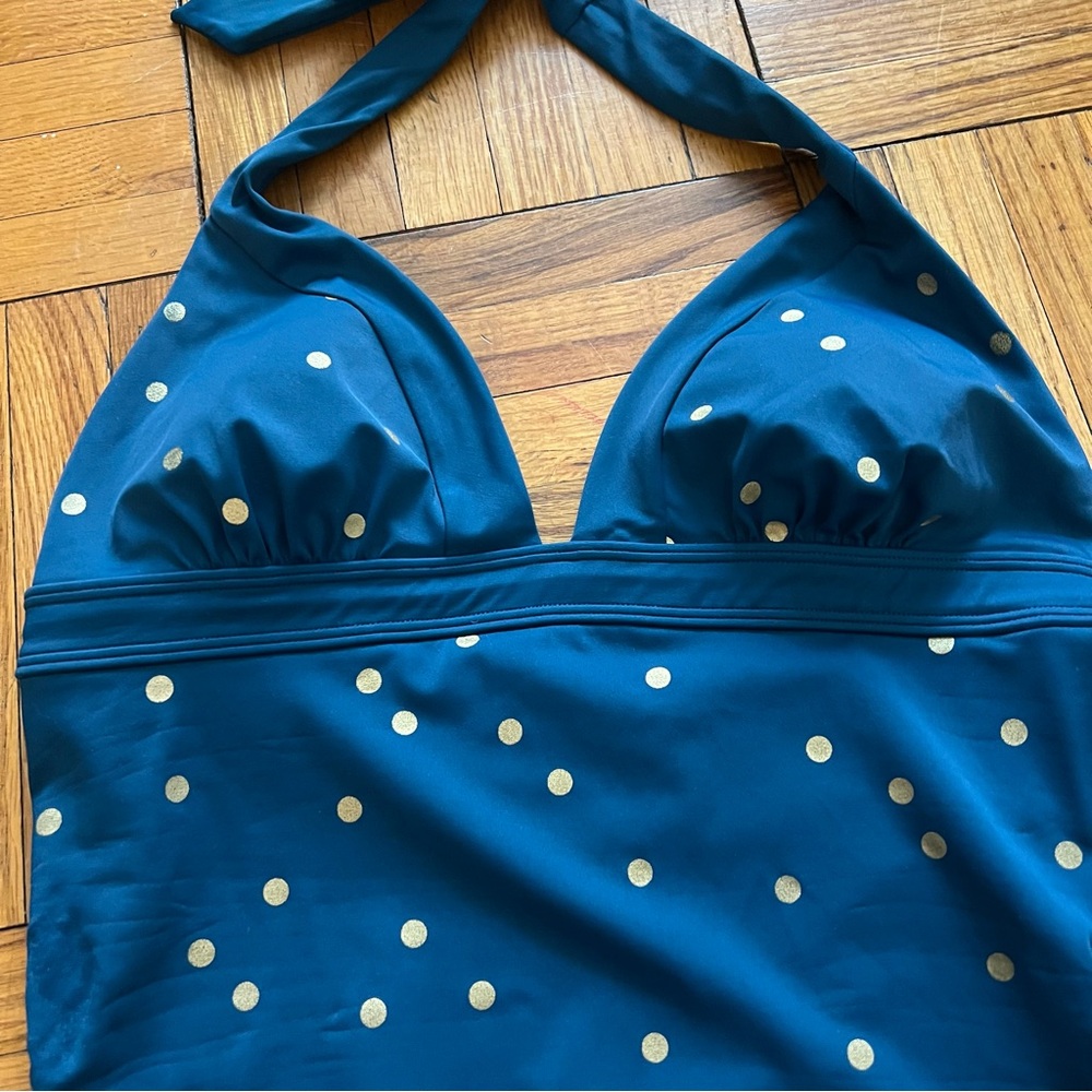 Boden Halter Formentera One-Piece Swimsuit Teal w Gold Polka Dots Size 10 Long - Picture 2 of 8